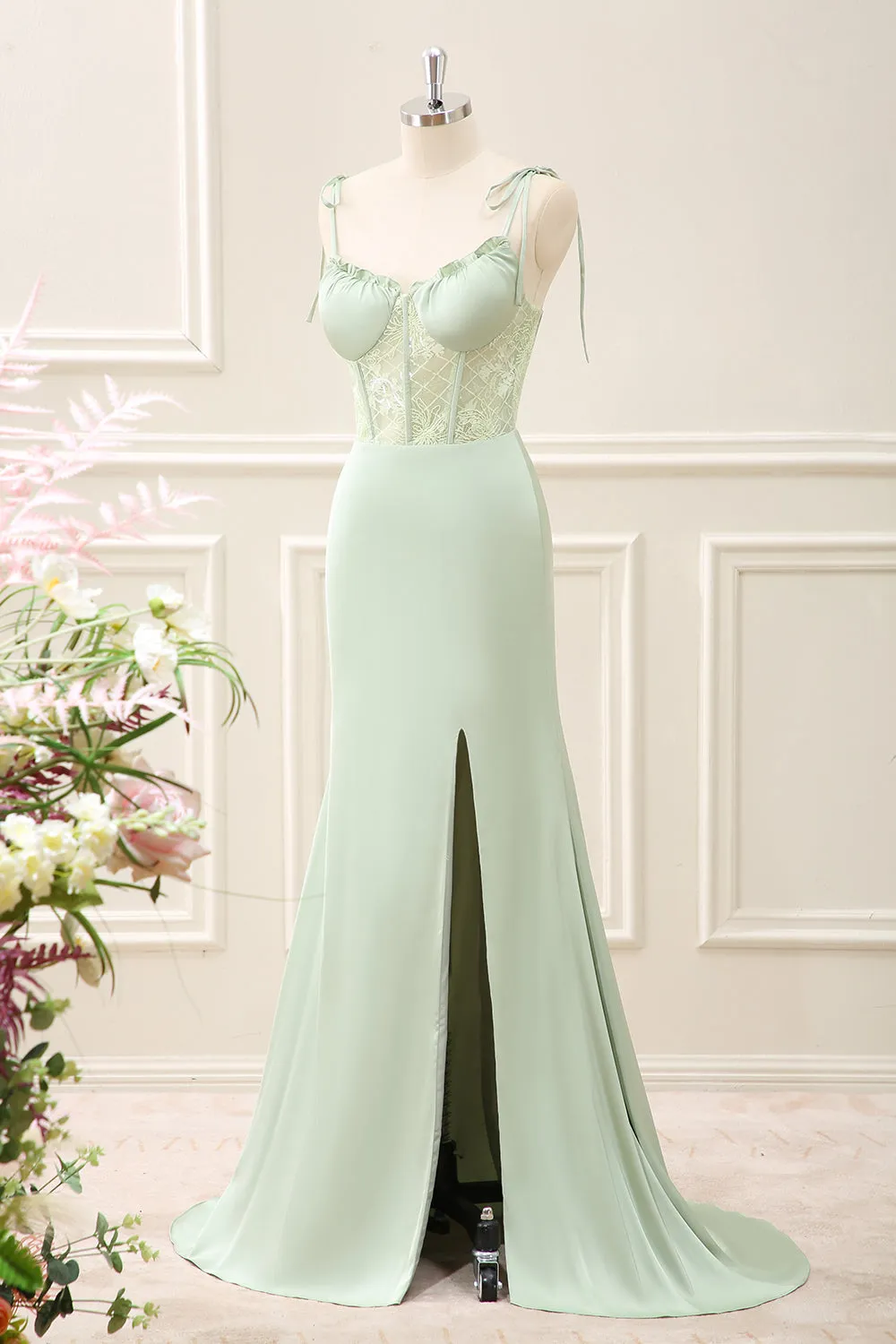 Green Corset Mermaid Embroidered Slit Maxi Dress with Lace up Back