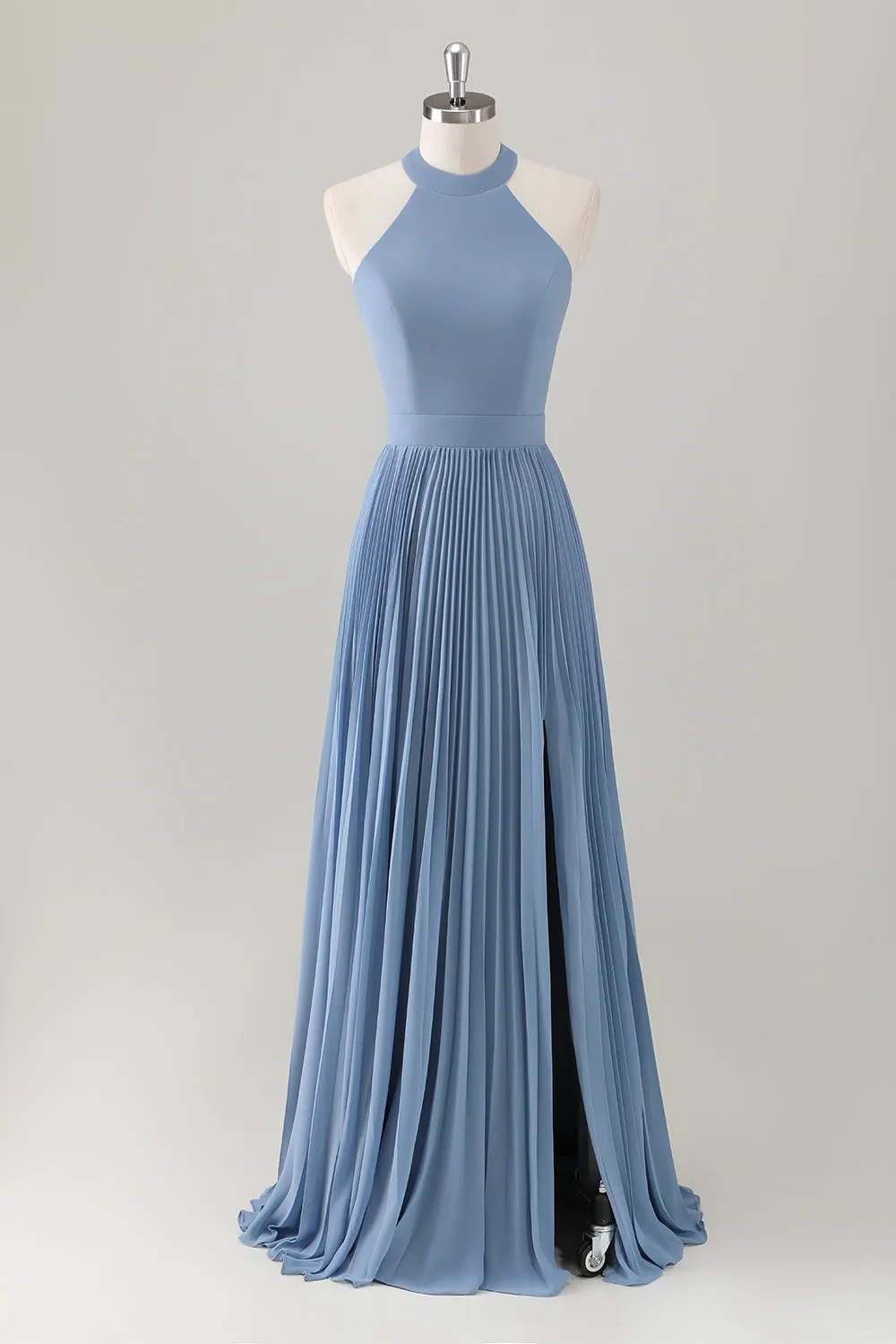 Grey Blue A Line Halter Pleated Maxi Dress with Slit