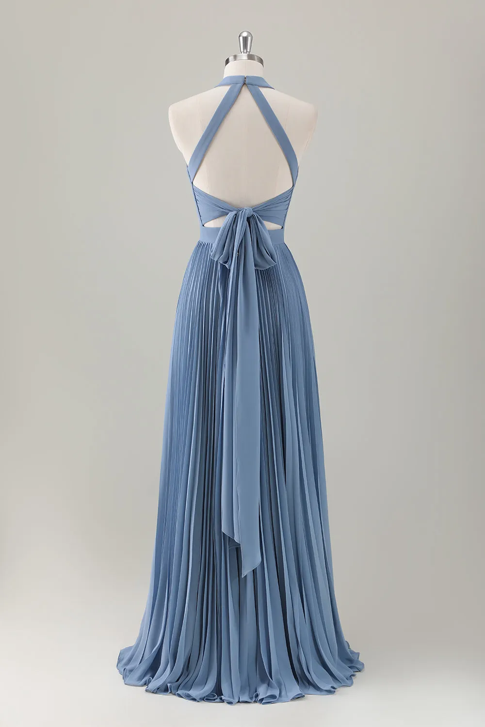 Grey Blue A Line Halter Pleated Maxi Dress with Slit