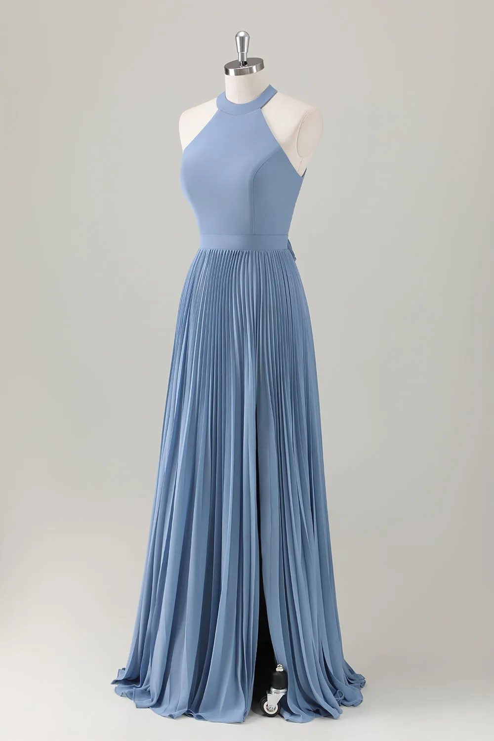 Grey Blue A Line Halter Pleated Maxi Dress with Slit