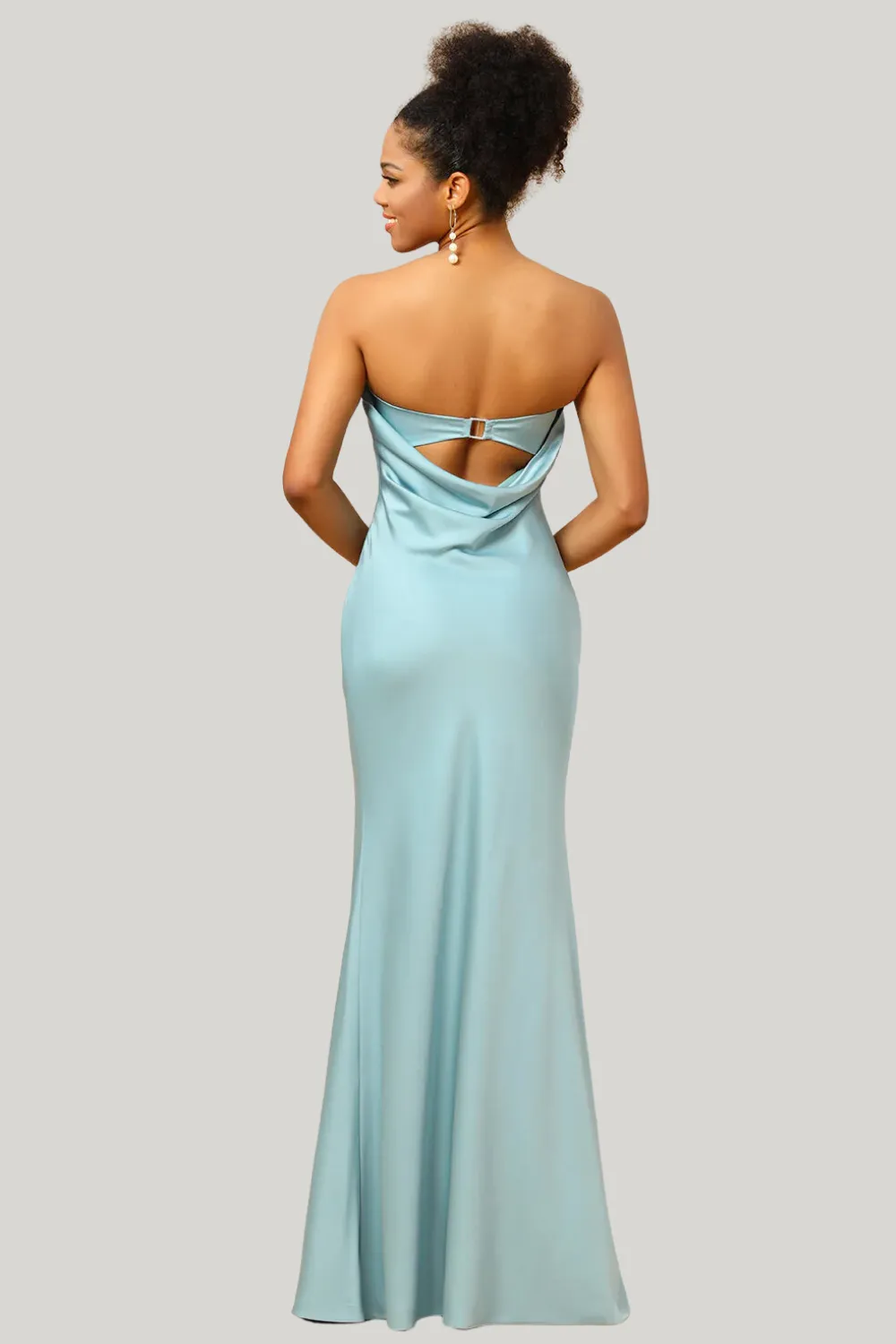 Grey Blue Satin Strapless Maxi Dress