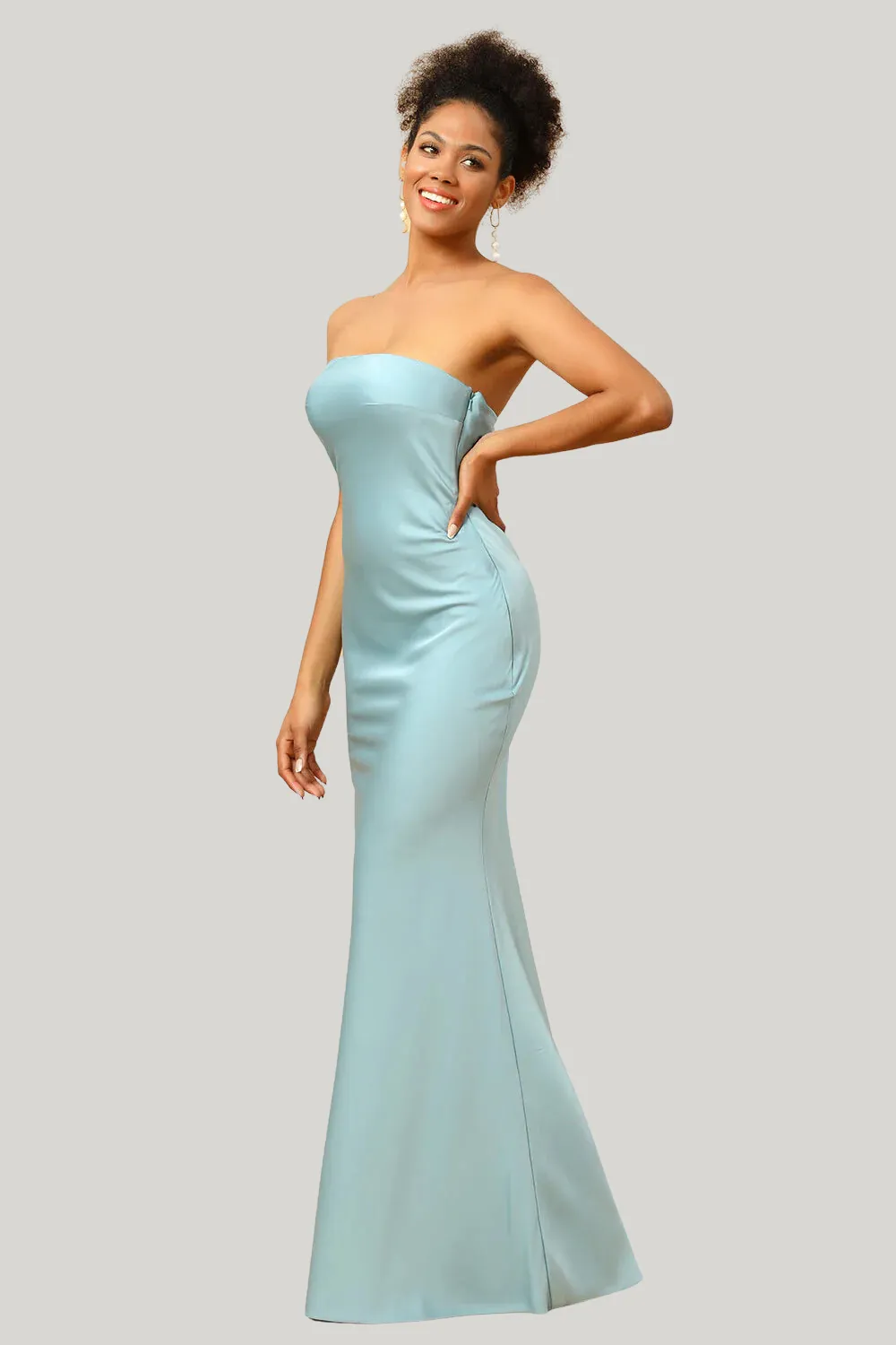 Grey Blue Satin Strapless Maxi Dress