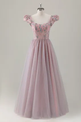 Grey Pink Sequin Appliques Puff Sleeves A Line Tulle Maxi Dress