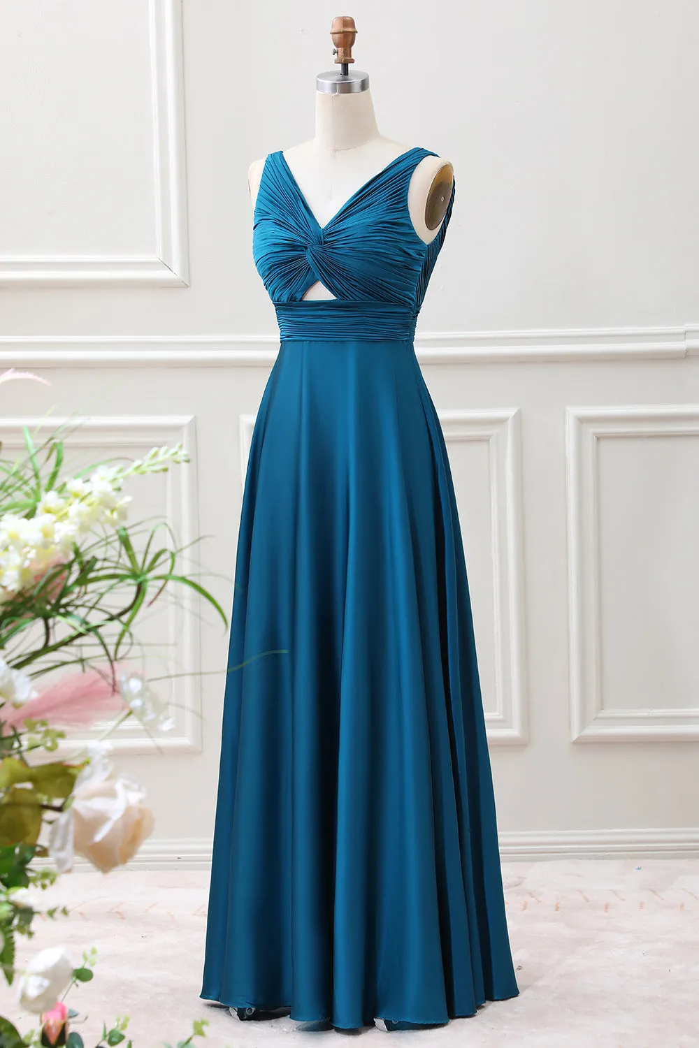 Ink Blue A Line V Neck Pleated Keyhole Maxi Dress