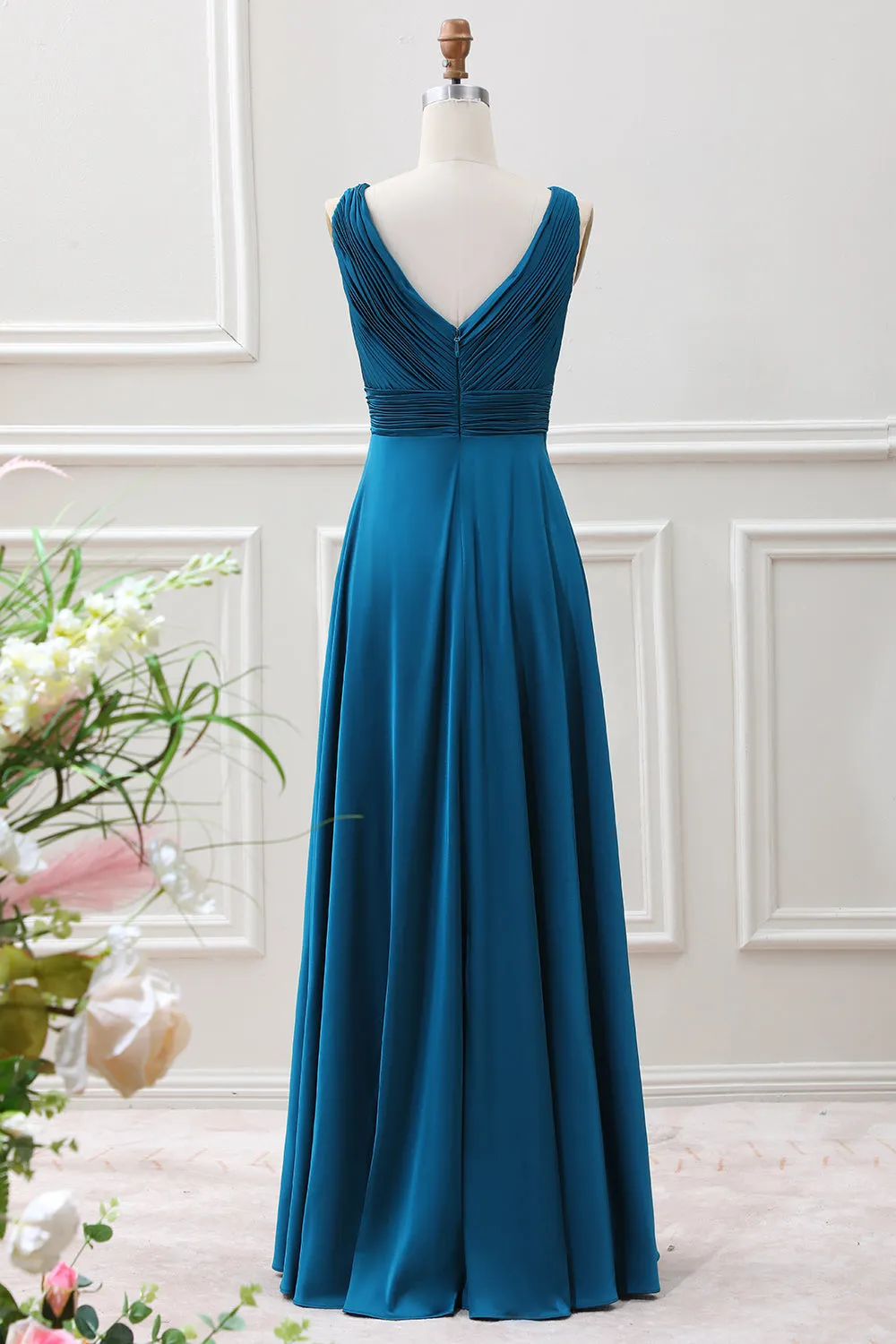 Ink Blue A Line V Neck Pleated Keyhole Maxi Dress