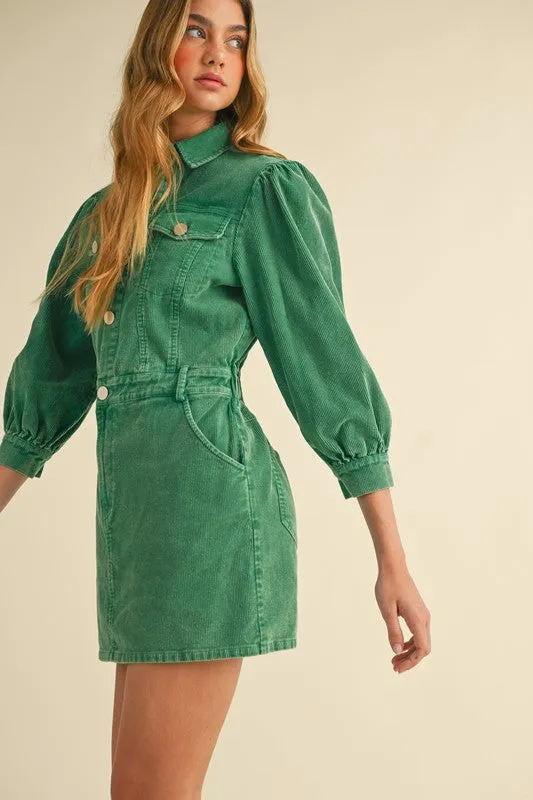 Kelly Green Corduroy Button Down Dress