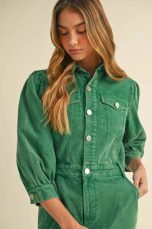 Kelly Green Corduroy Button Down Dress