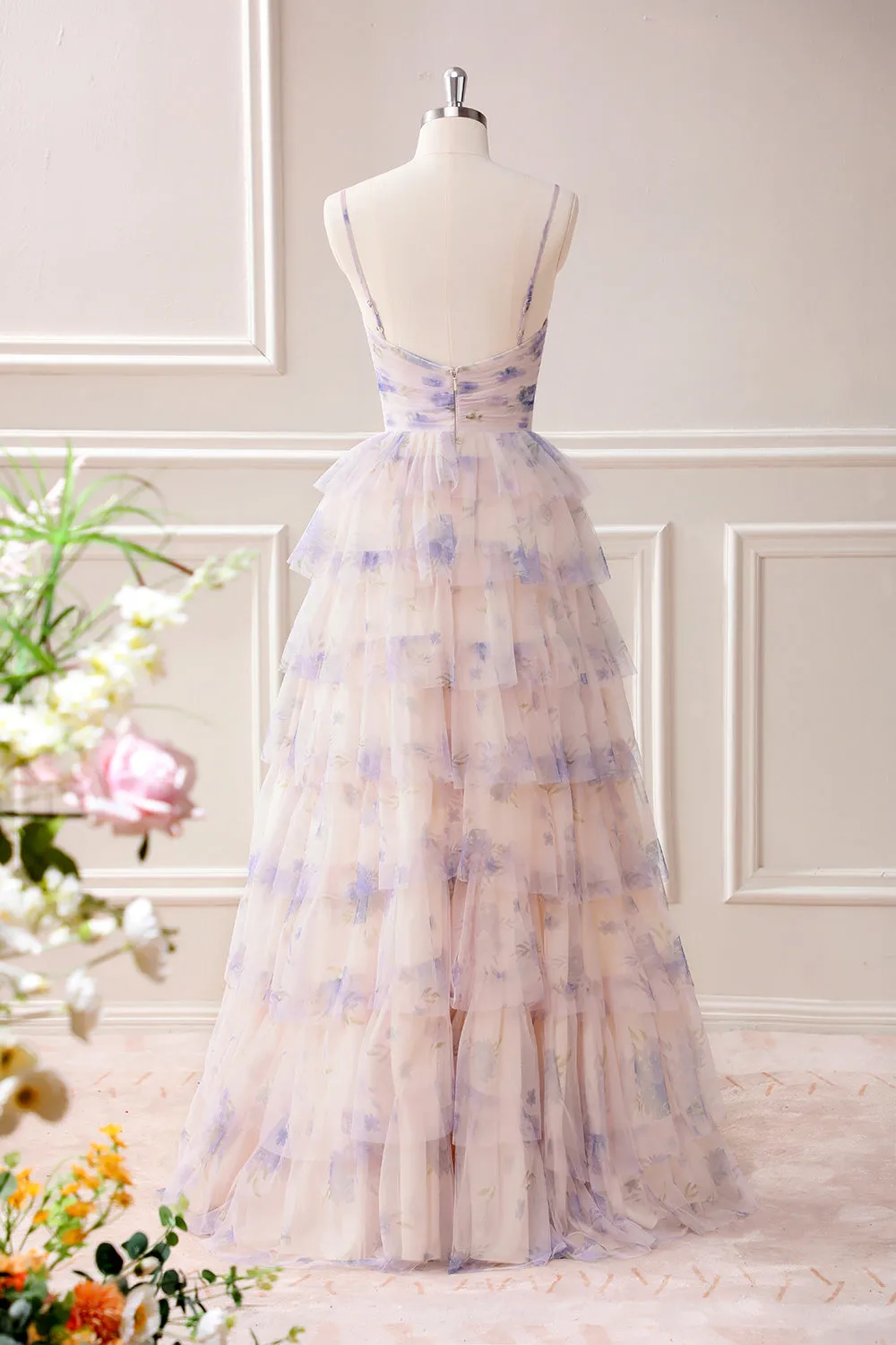 Lavender Flower Tiered Princess Maxi Dress