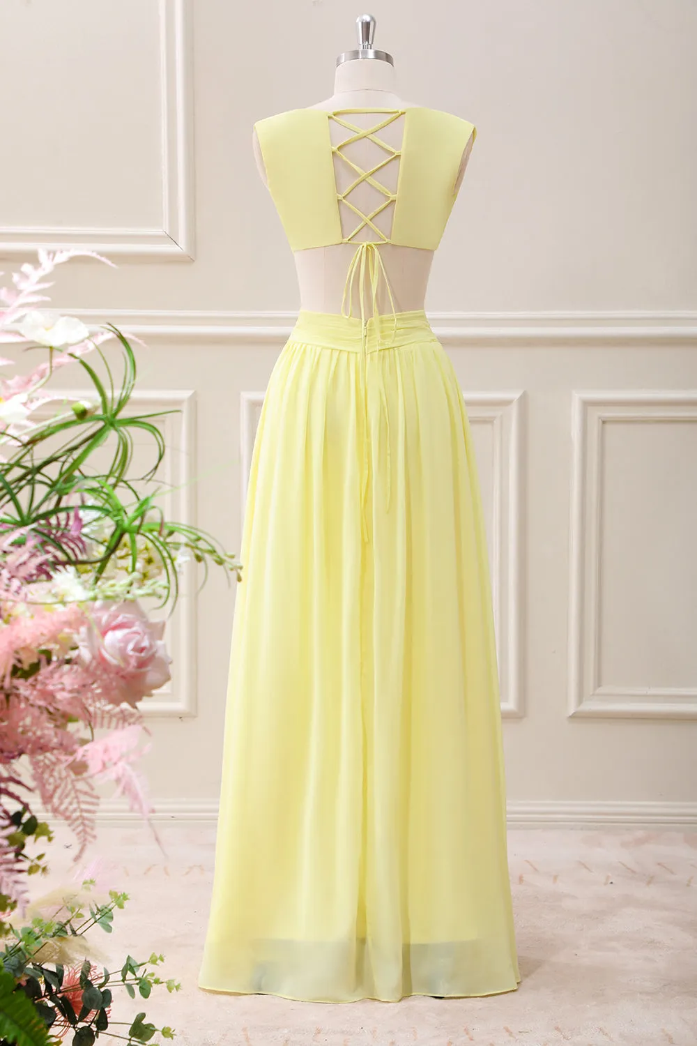 Lemon Yellow V Neck Cut Out Chiffon Maxi Dress with Ruffles