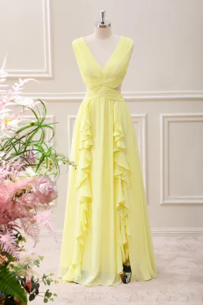 Lemon Yellow V Neck Cut Out Chiffon Maxi Dress with Ruffles