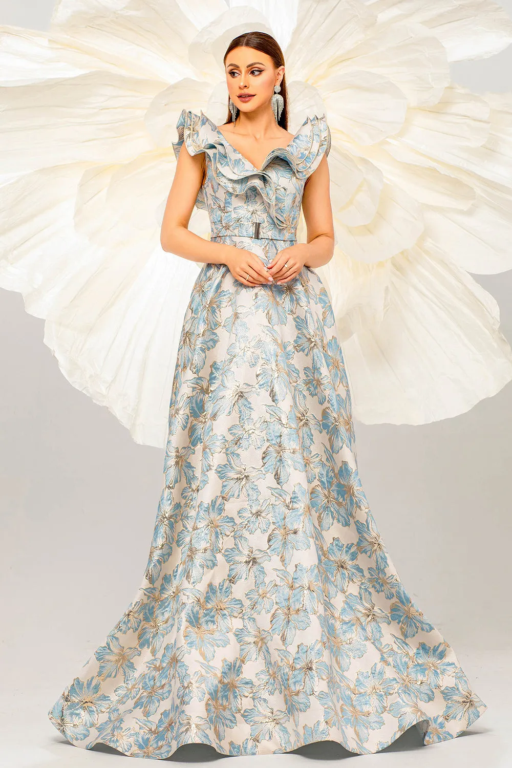 Light Blue A Line Floral Backless Floor Length Dress