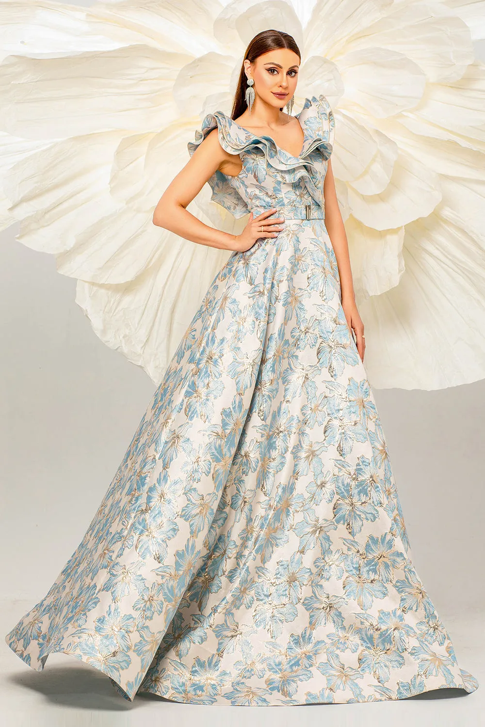 Light Blue A Line Floral Backless Floor Length Dress