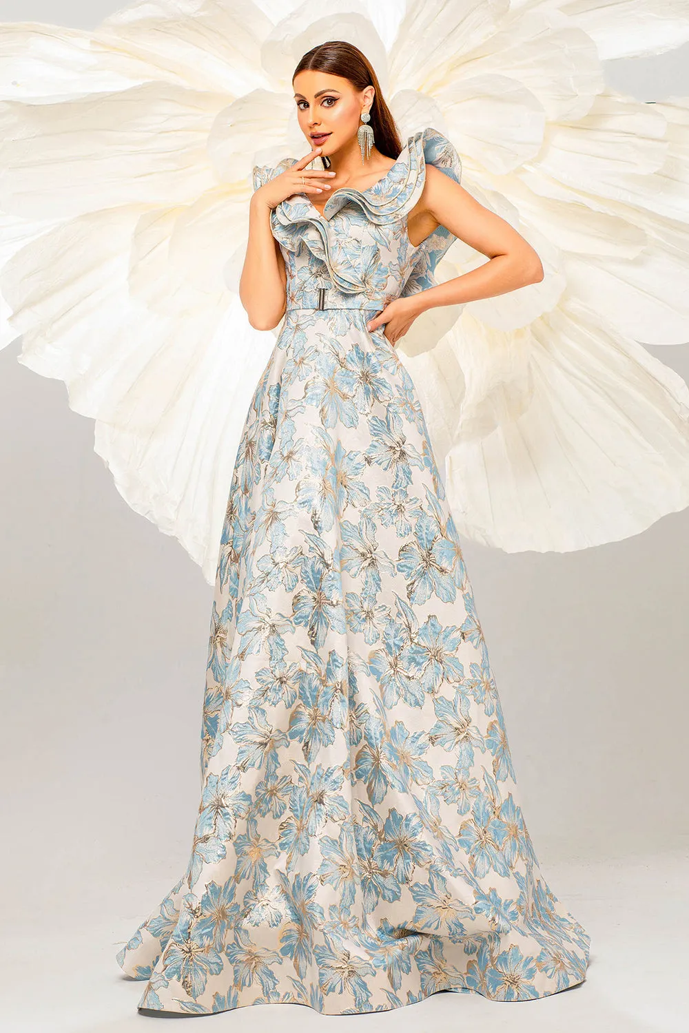 Light Blue A Line Floral Backless Floor Length Dress