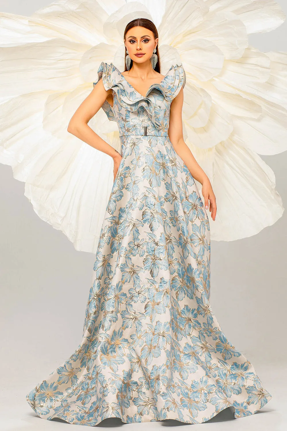 Light Blue A Line Floral Backless Floor Length Dress