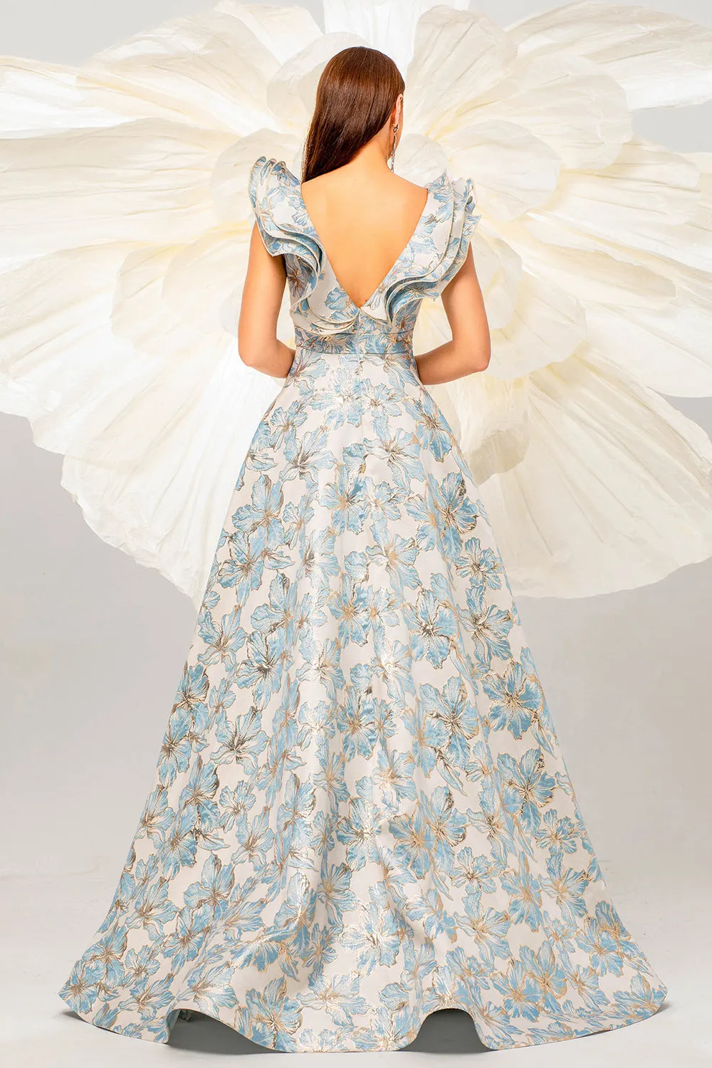 Light Blue A Line Floral Backless Floor Length Dress