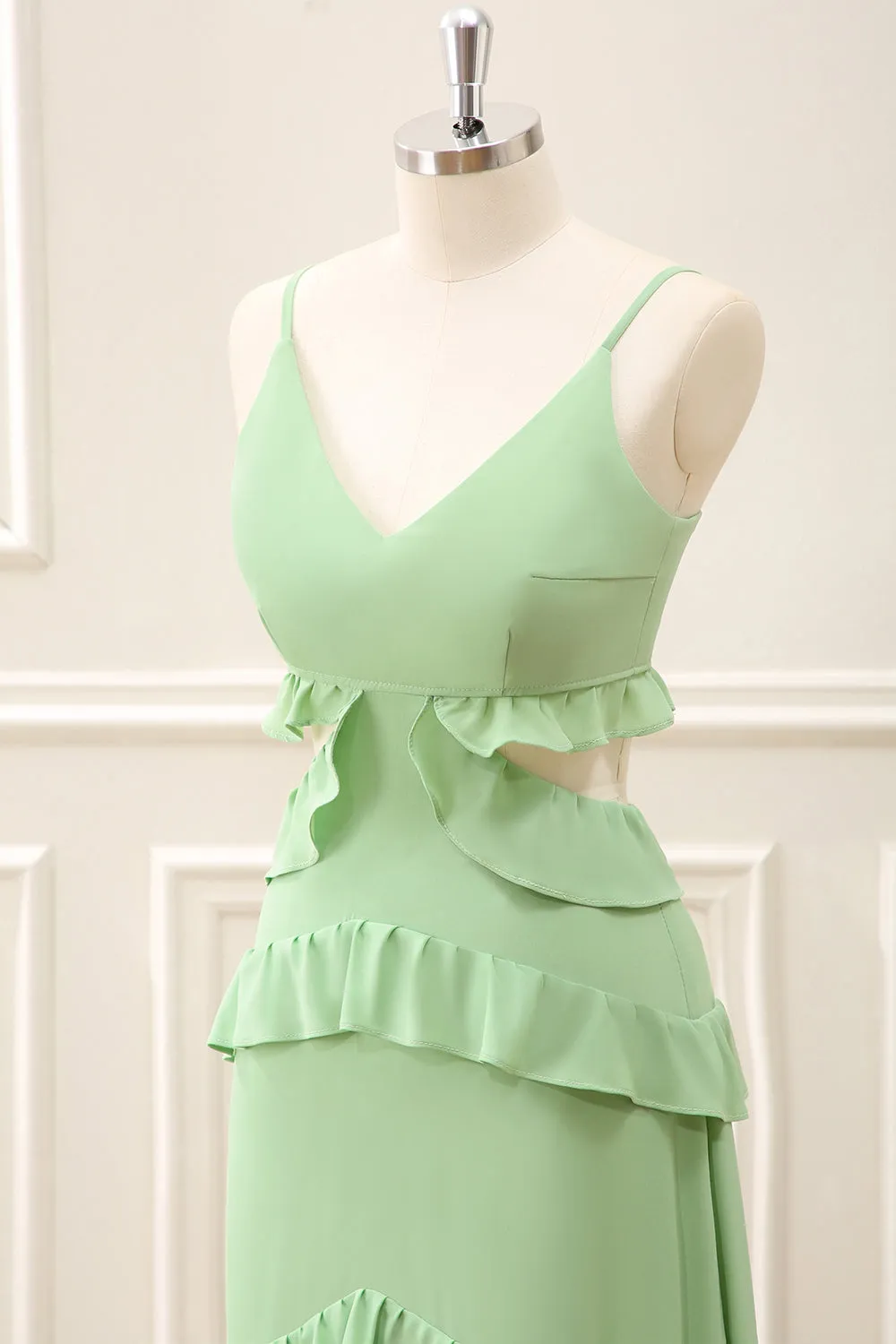 Light Green Chiffon Cut Out Maxi Dress with Ruffles