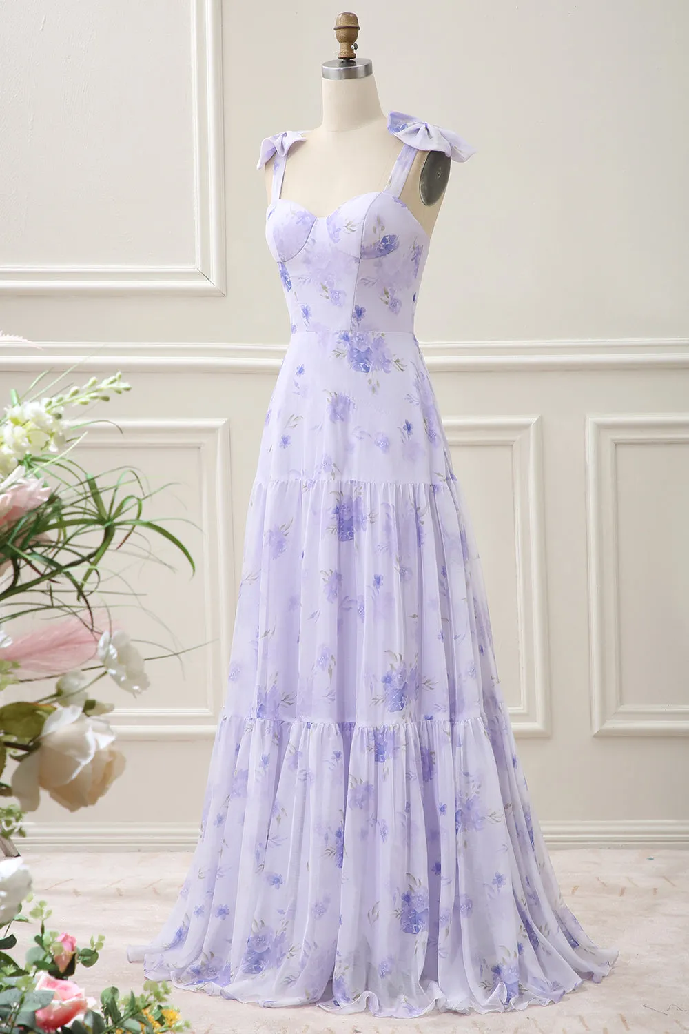 Lilac Corset Floral A Line Maxi Dress with Lace Up Back