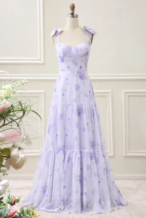 Lilac Corset Floral A Line Maxi Dress with Lace Up Back