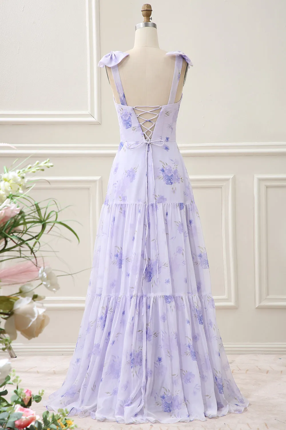 Lilac Corset Floral A Line Maxi Dress with Lace Up Back