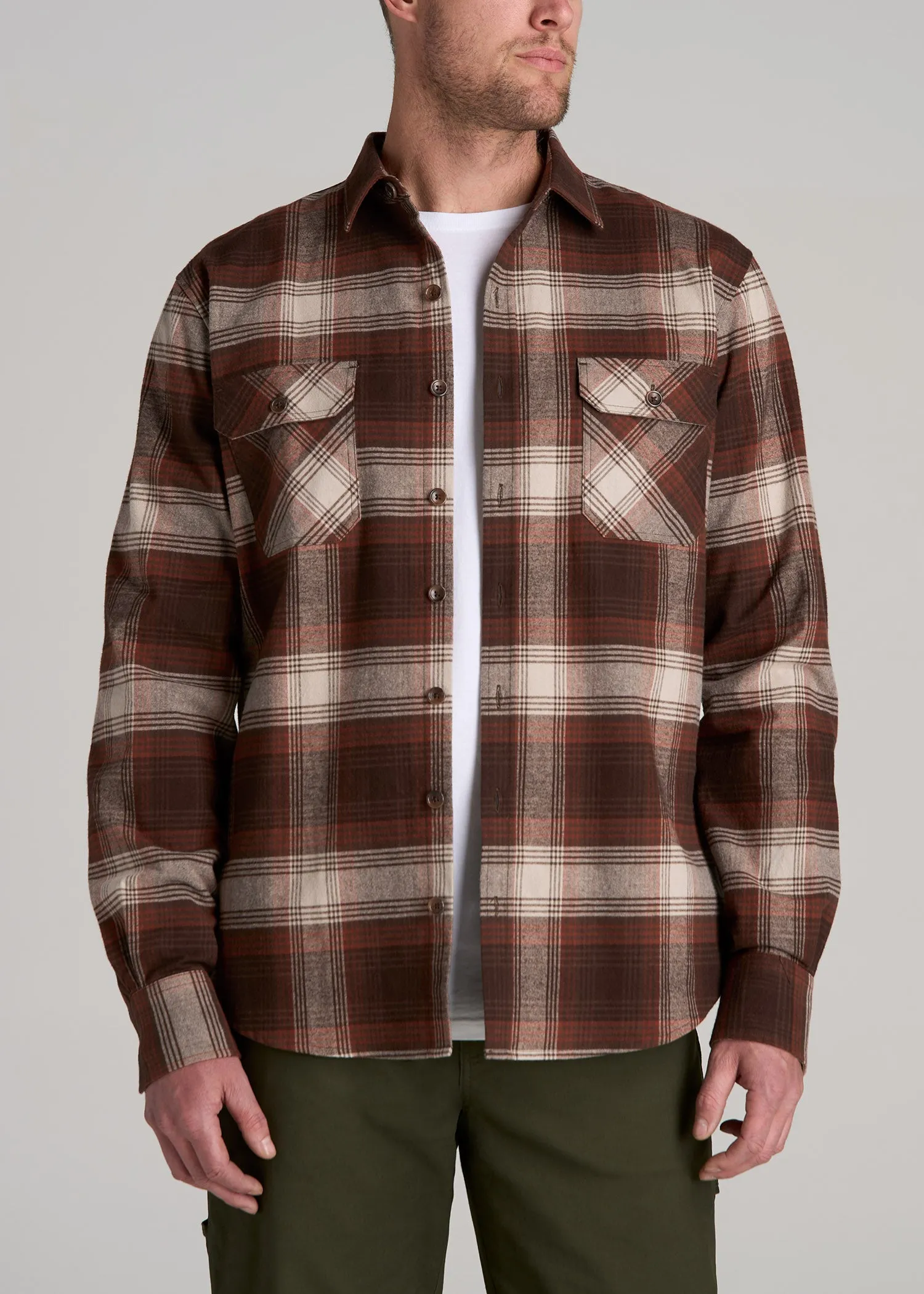 LJ&S Rugged Plaid Shirt Men's in Dark Brown and Beige Plaid