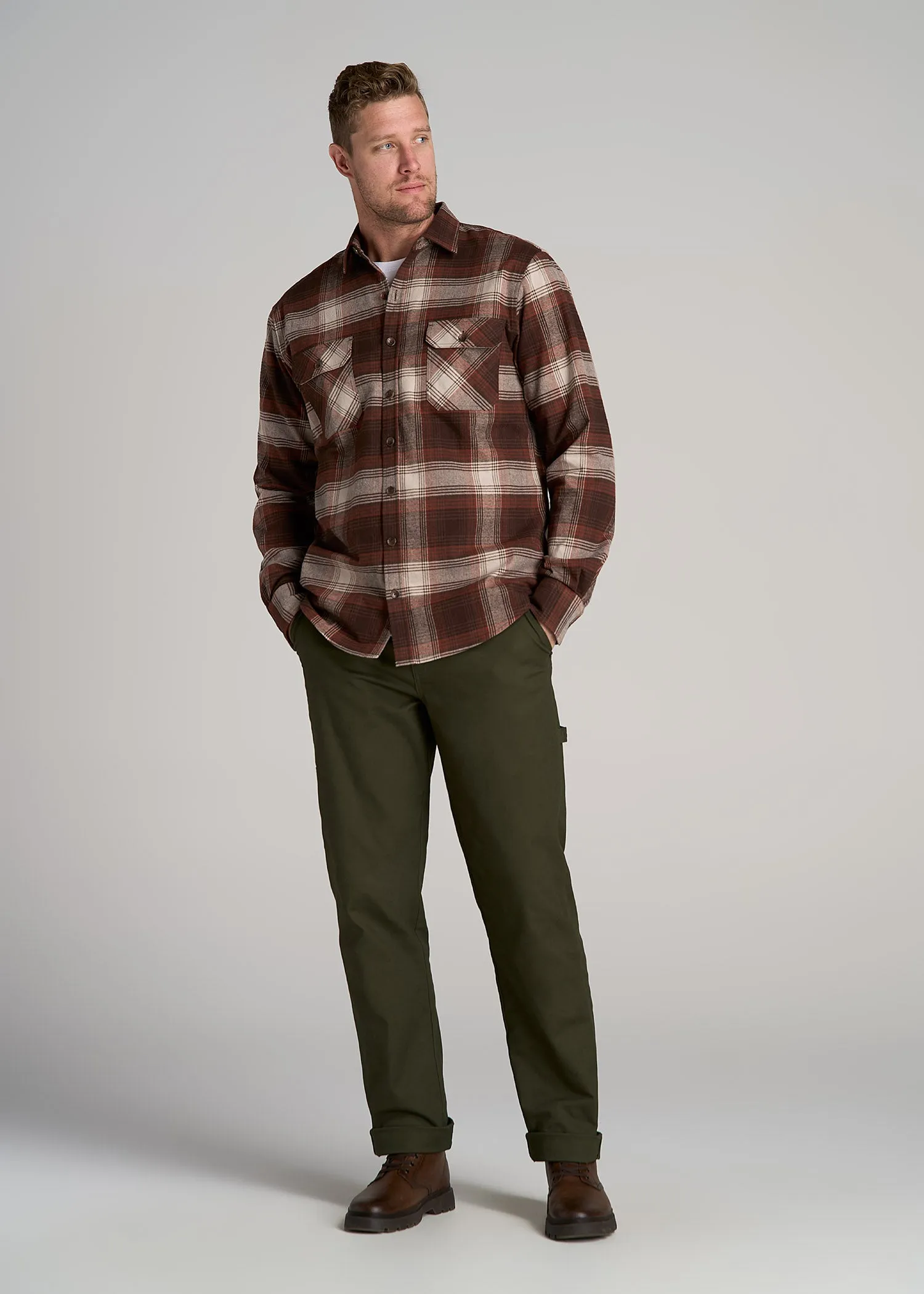 LJ&S Rugged Plaid Shirt Men's in Dark Brown and Beige Plaid