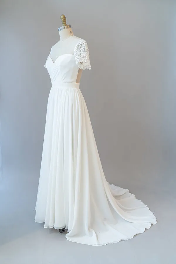 Long A-line Chiffon Backless Wedding Dress with Sleeves