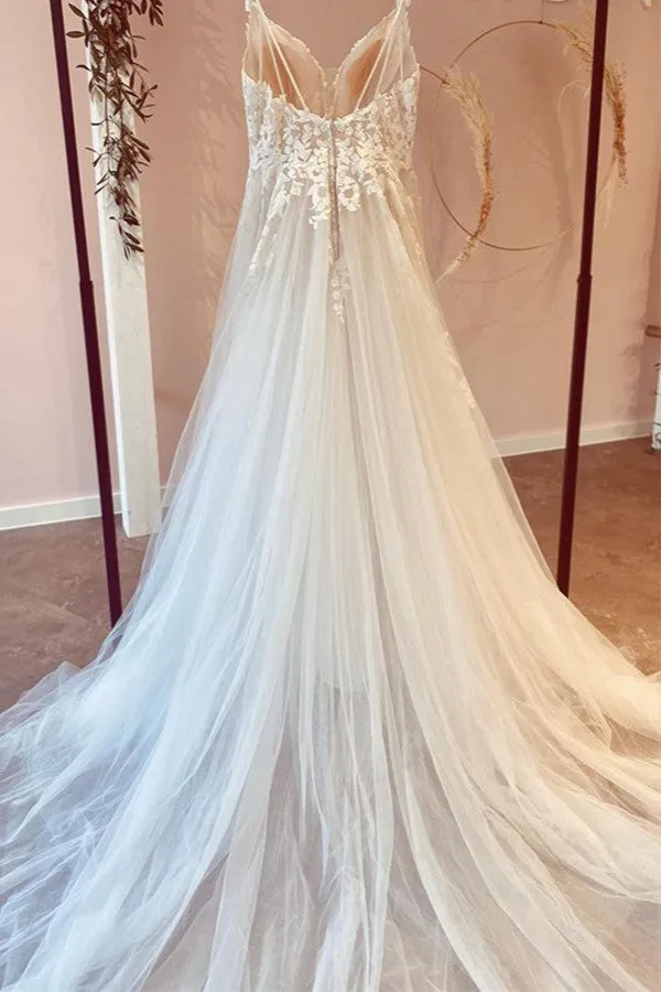 Long A-Line Tulle Sweetheart Appliques Lace Wedding Dress