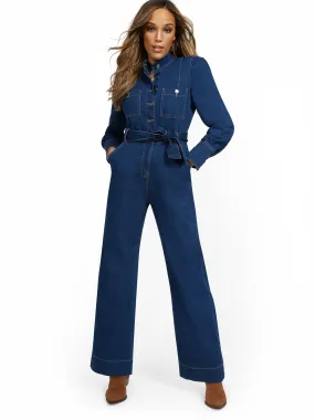 Long-Sleeve Wide-Leg Denim Jumpsuit