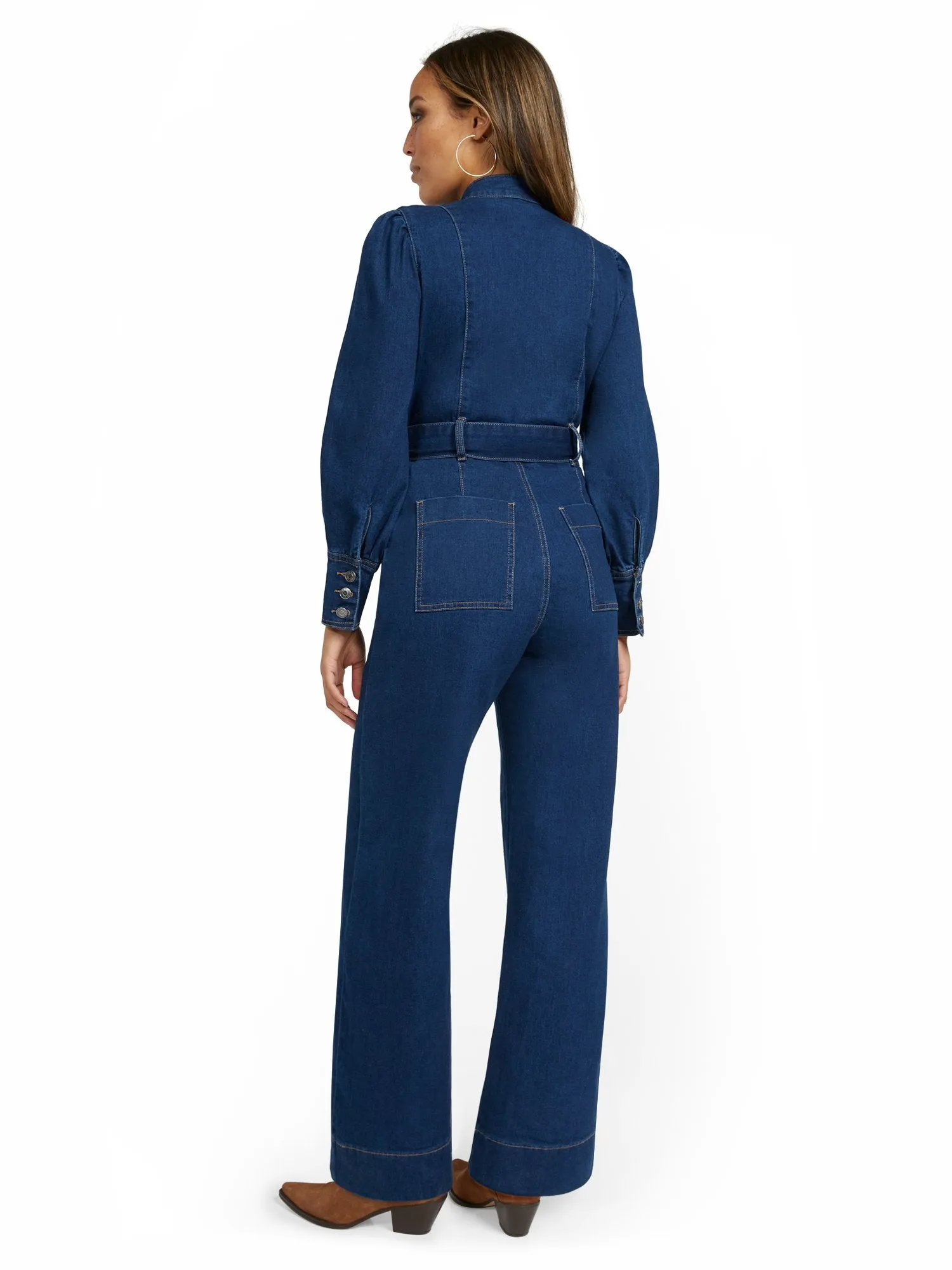 Long-Sleeve Wide-Leg Denim Jumpsuit