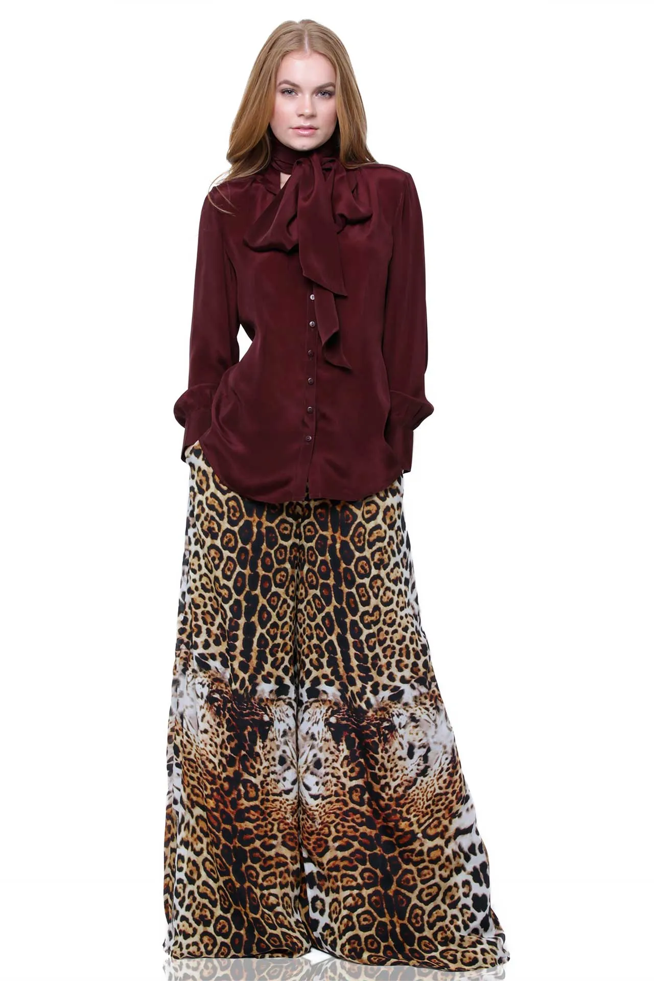 Luxury Silk Flared Wide-Leg Pants In Leopard Print