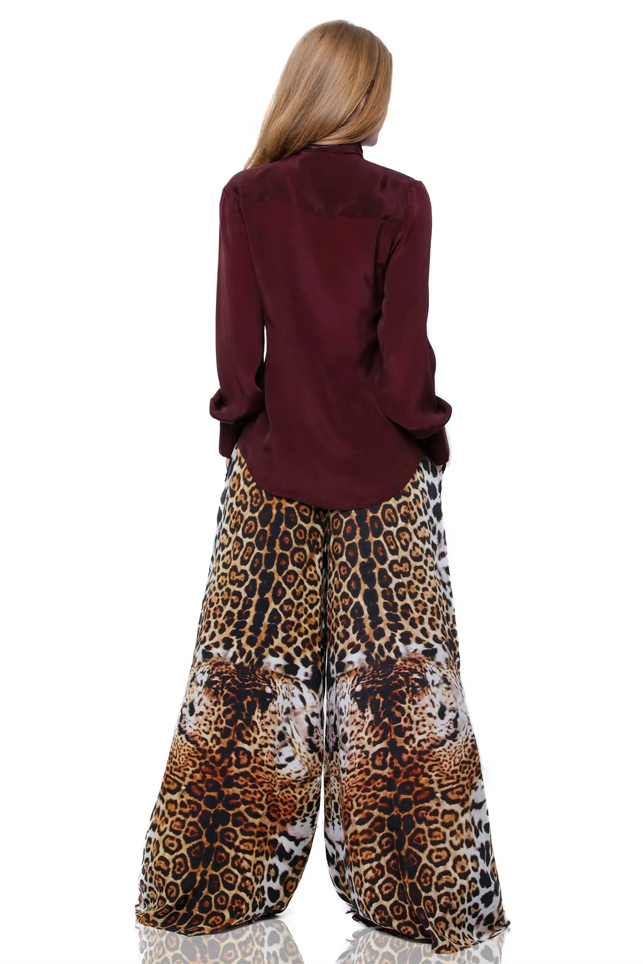 Luxury Silk Flared Wide-Leg Pants In Leopard Print