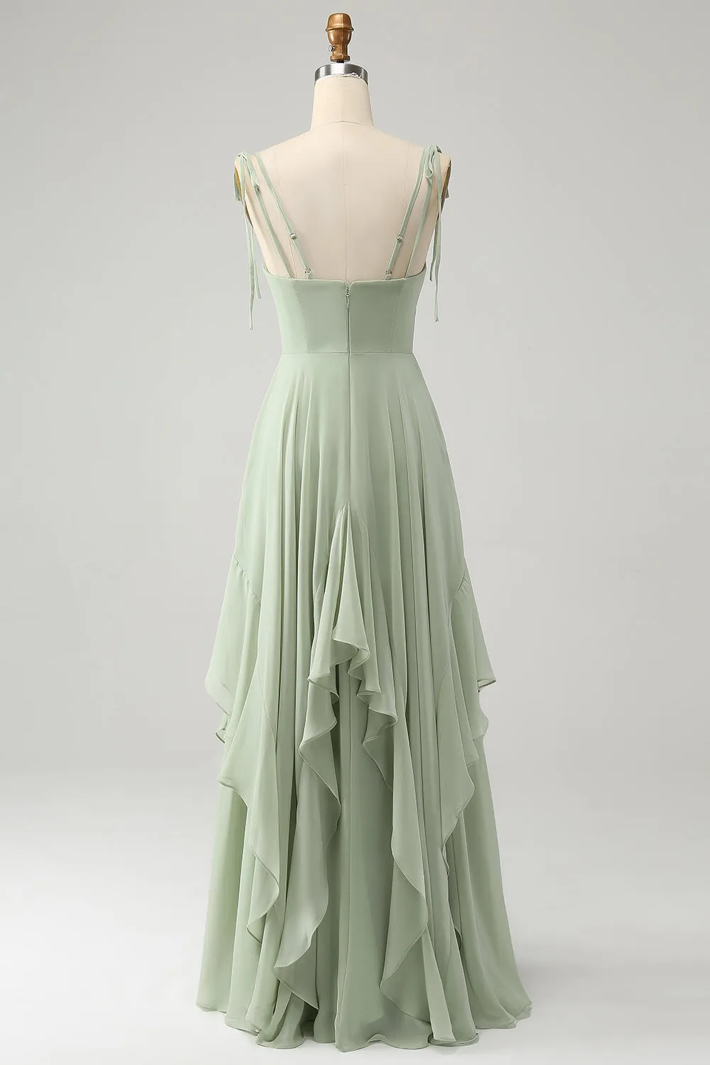 Matcha A-Line Spaghetti Straps Chiffon Maxi Dress with Ruffles