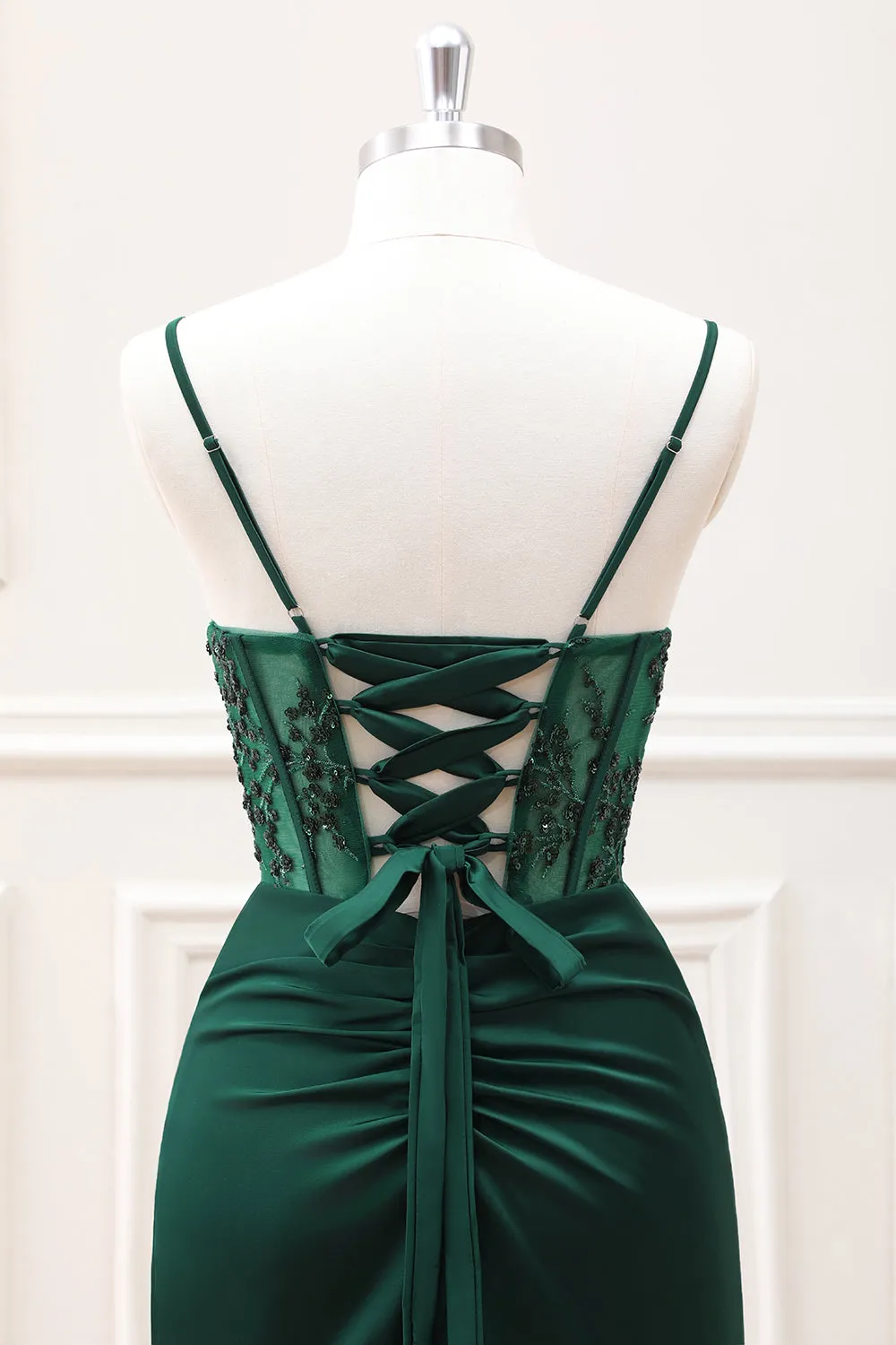 Mermaid Dark Green Corset Satin Maxi Dress with Slit