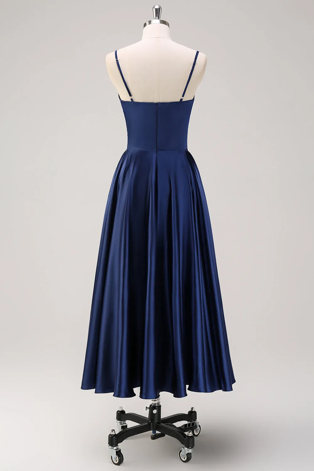 Navy Spaghetti Straps Ruched A Line Tea Length Dress