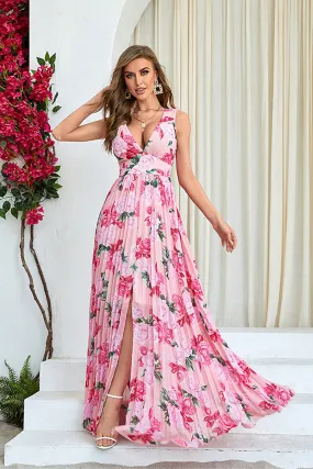 Pink Flower Print Pleated A Line Maxi Dress with Slit