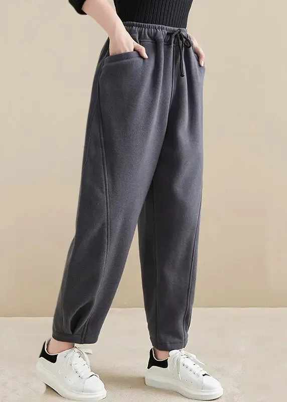 Pockets Elastic Waist Fleece Crop Pants