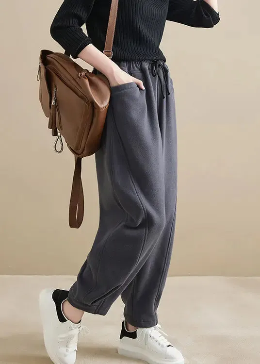 Pockets Elastic Waist Fleece Crop Pants