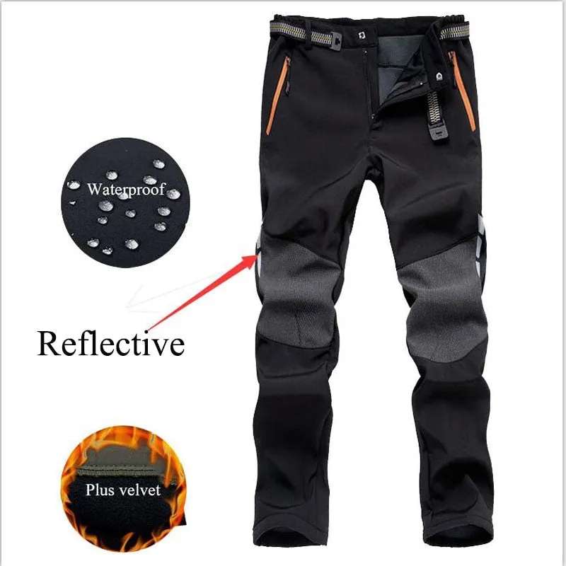 Reflective Men&#39;s Winter Hiking Pants Men Warm Fleece Softshell Trousers Outdoor Sports Thick Trekking Skiing Waterproof Pants