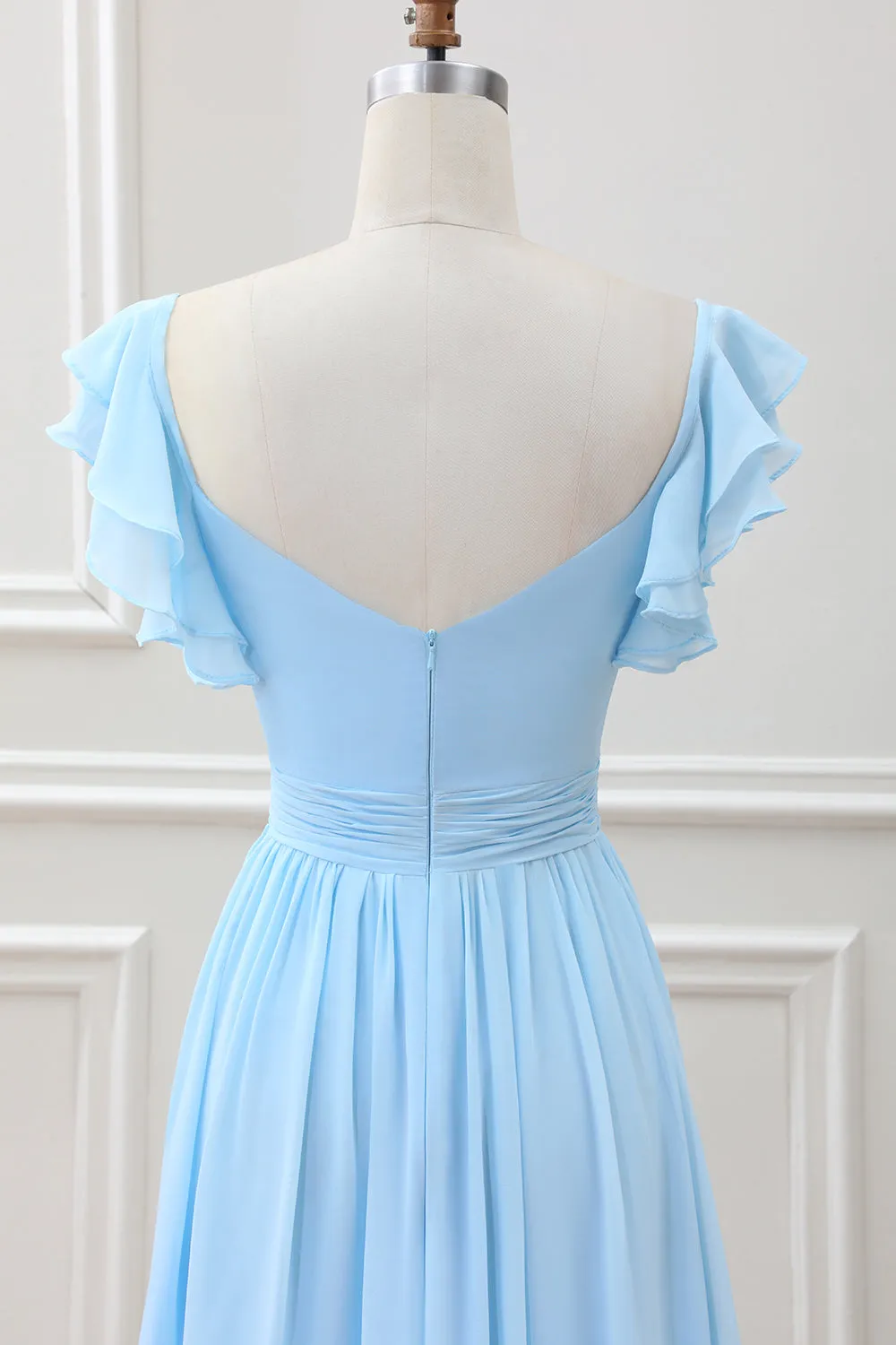 Sky Blue A Line Chiffon Tea-Length Dress with Ruffle Sleeves