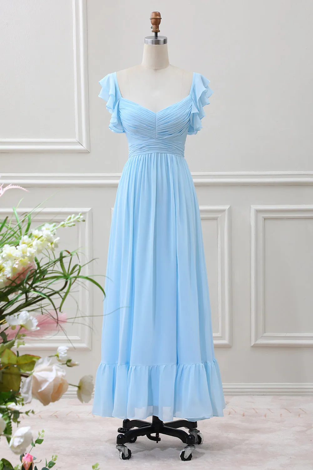 Sky Blue A Line Chiffon Tea-Length Dress with Ruffle Sleeves