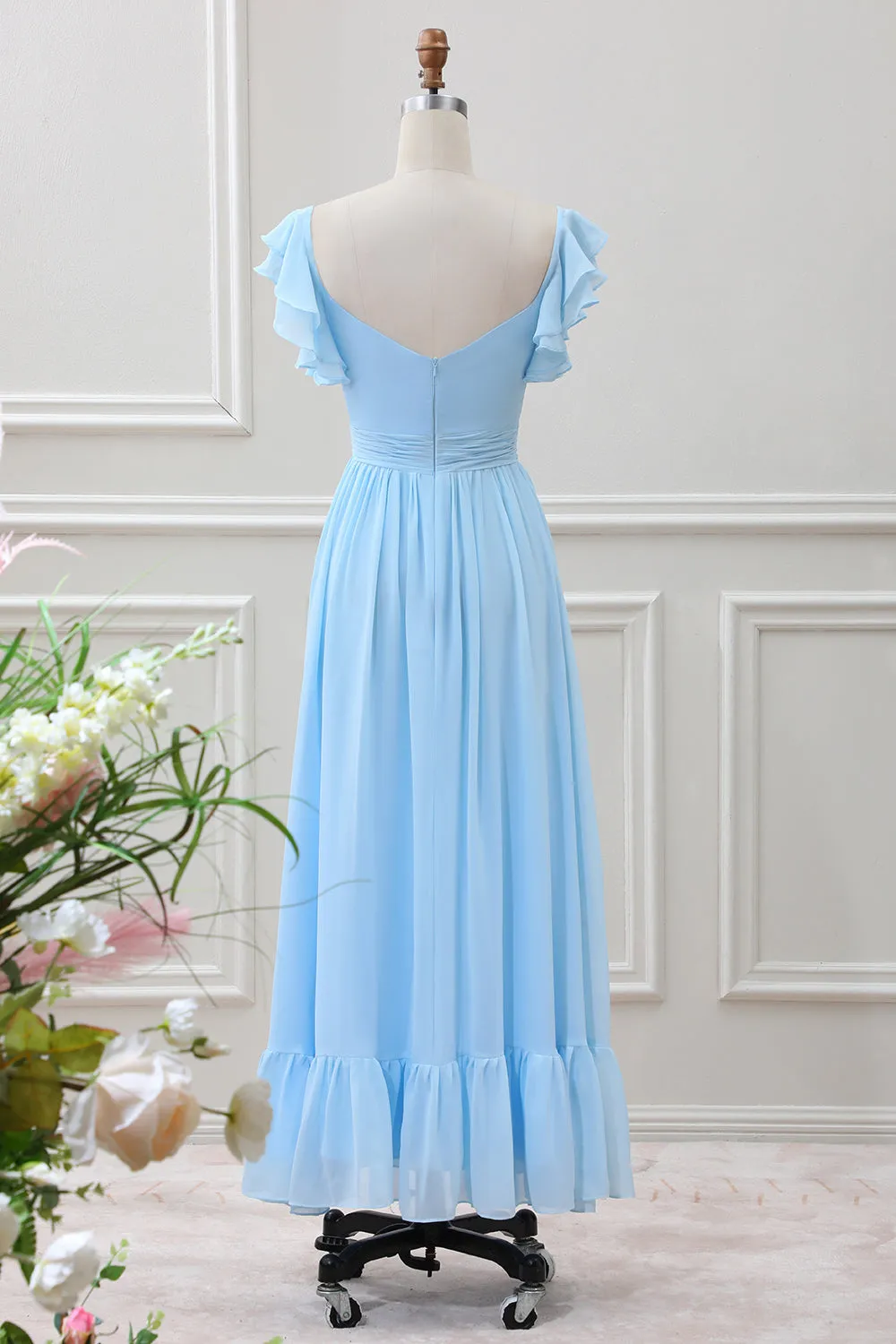 Sky Blue A Line Chiffon Tea-Length Dress with Ruffle Sleeves