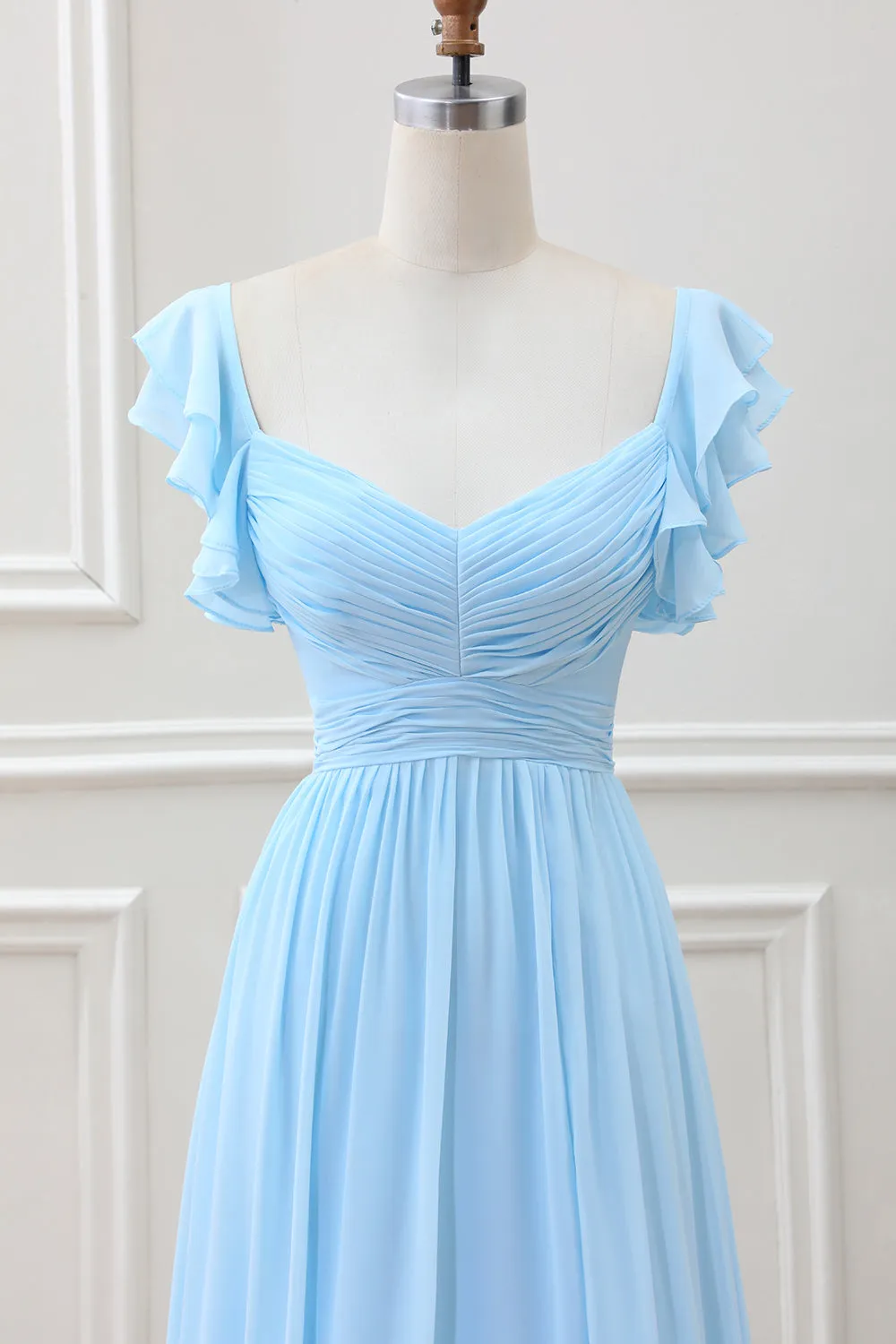 Sky Blue A Line Chiffon Tea-Length Dress with Ruffle Sleeves