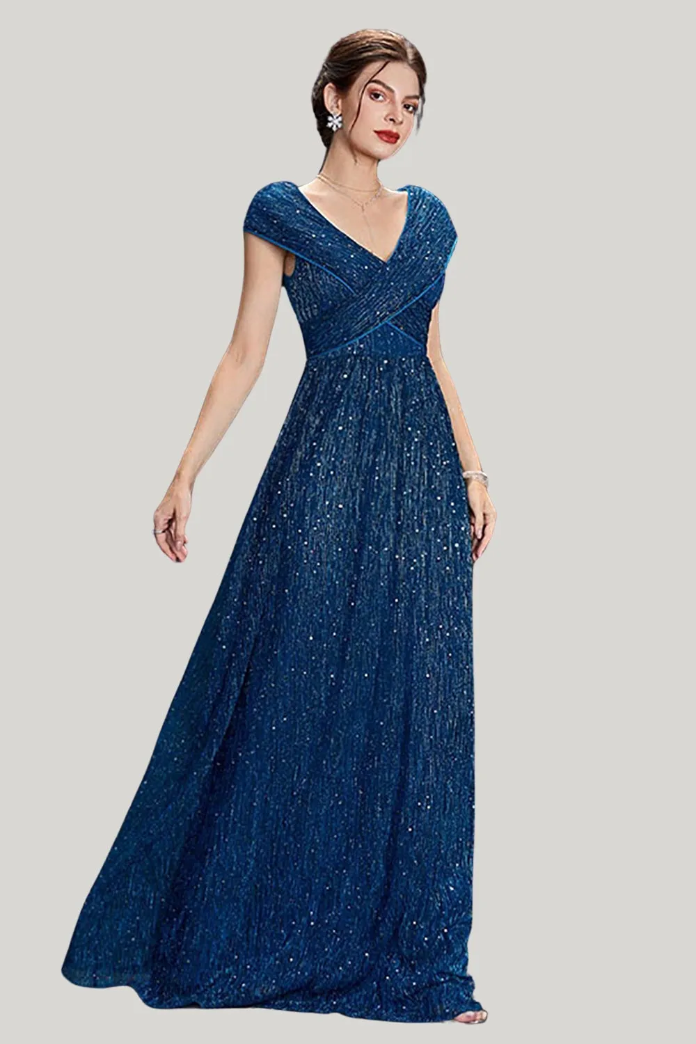 Sparkly A-Line V-Neck Grey Blue Maxi Dress