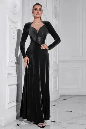 Sparkly A Line Velvet Maxi Dress with Long Sleeves