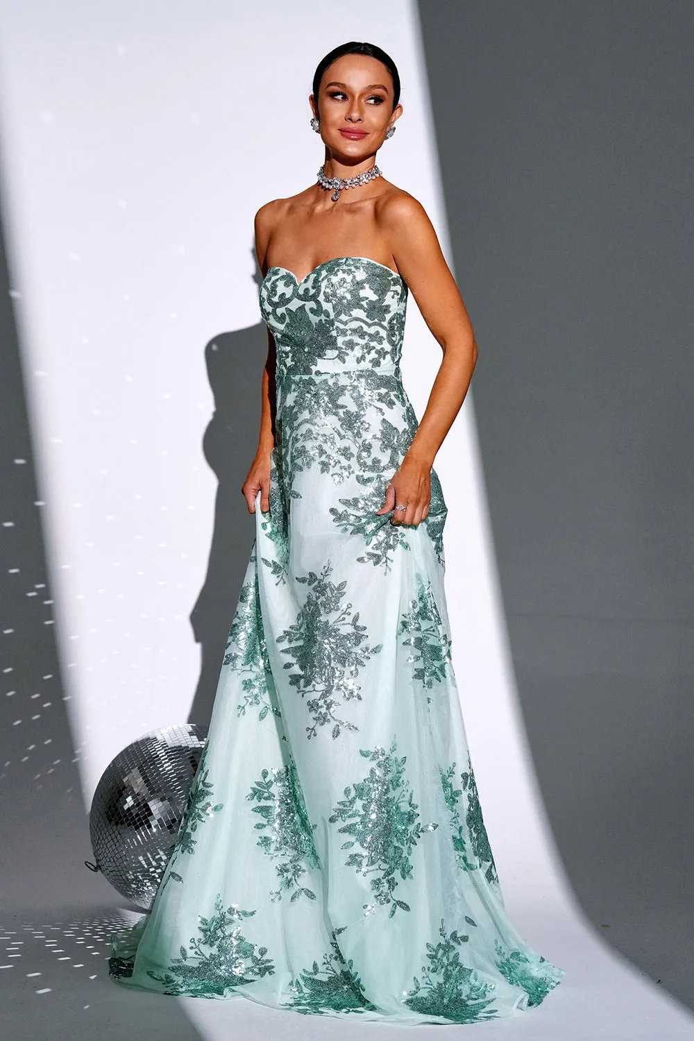 Sparkly Green A Line Sweetheart Maxi Dress