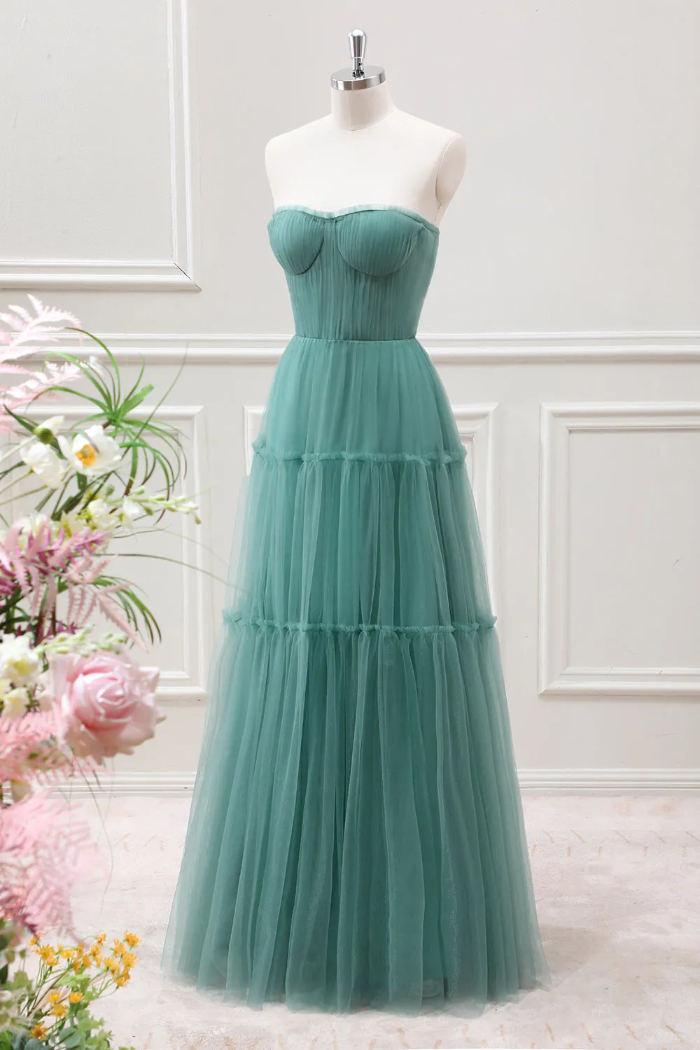 Strapless Tulle Eucalyptus A Line Maxi Dress