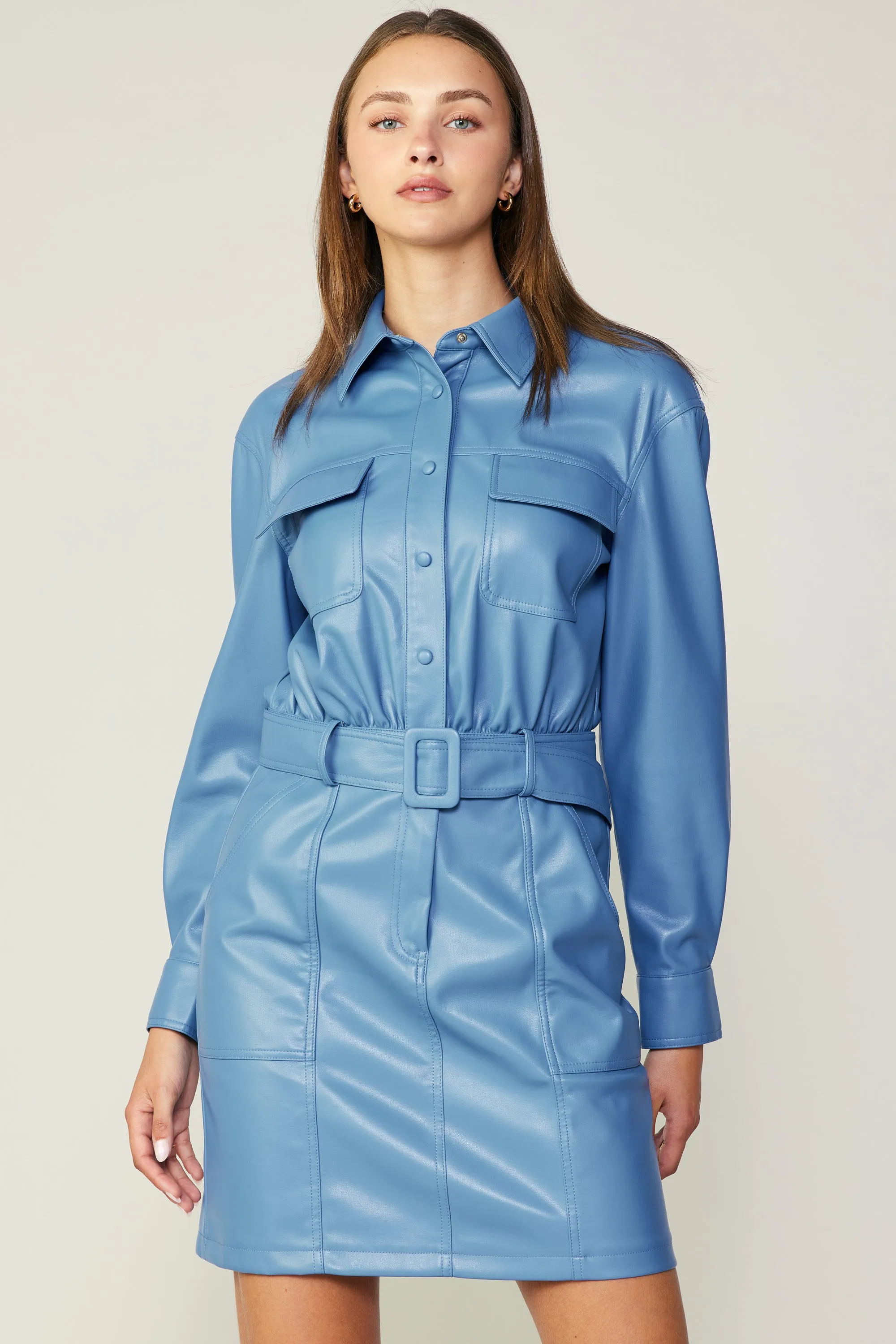 Vegan Leather Belted Shirt Dress