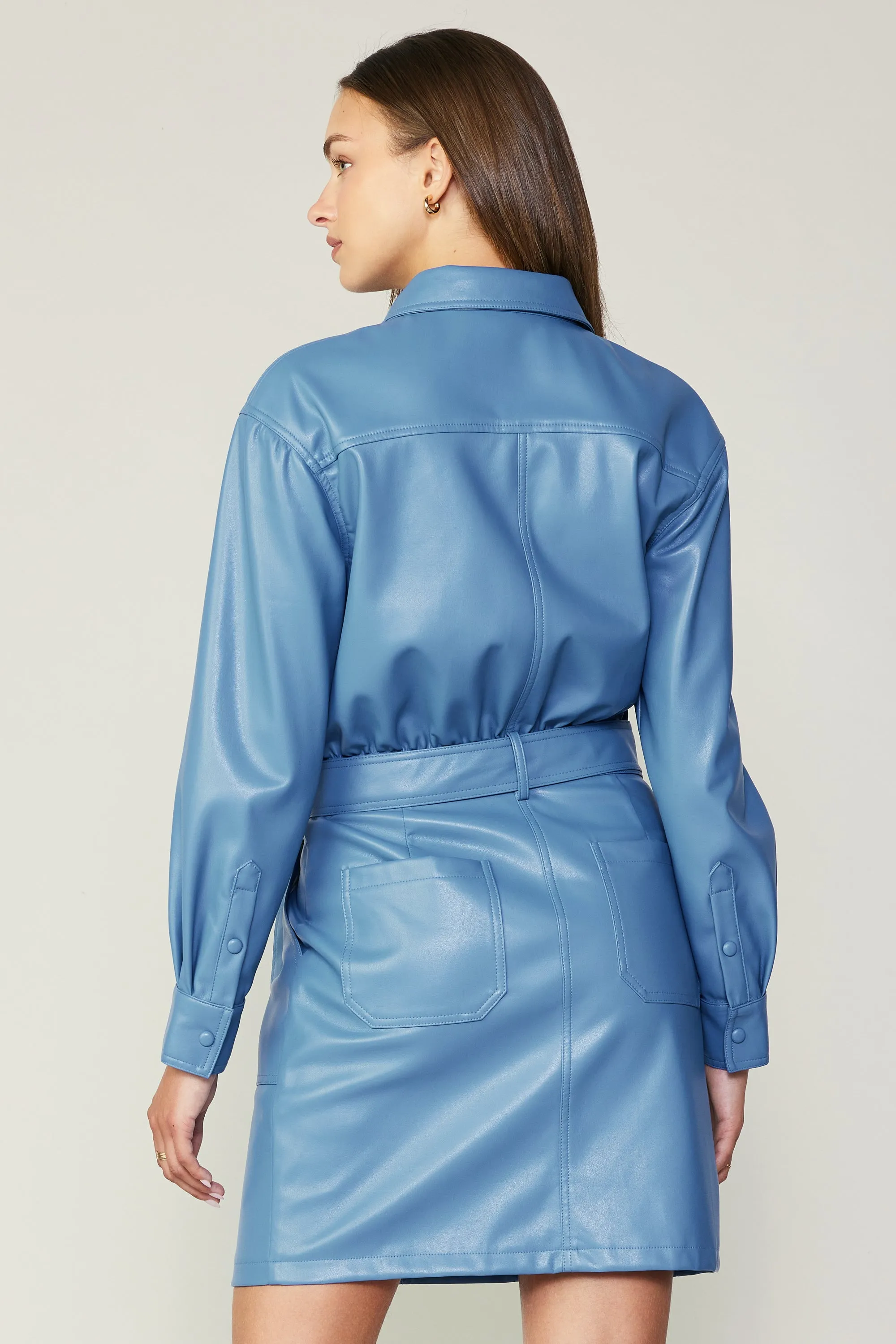 Vegan Leather Belted Shirt Dress