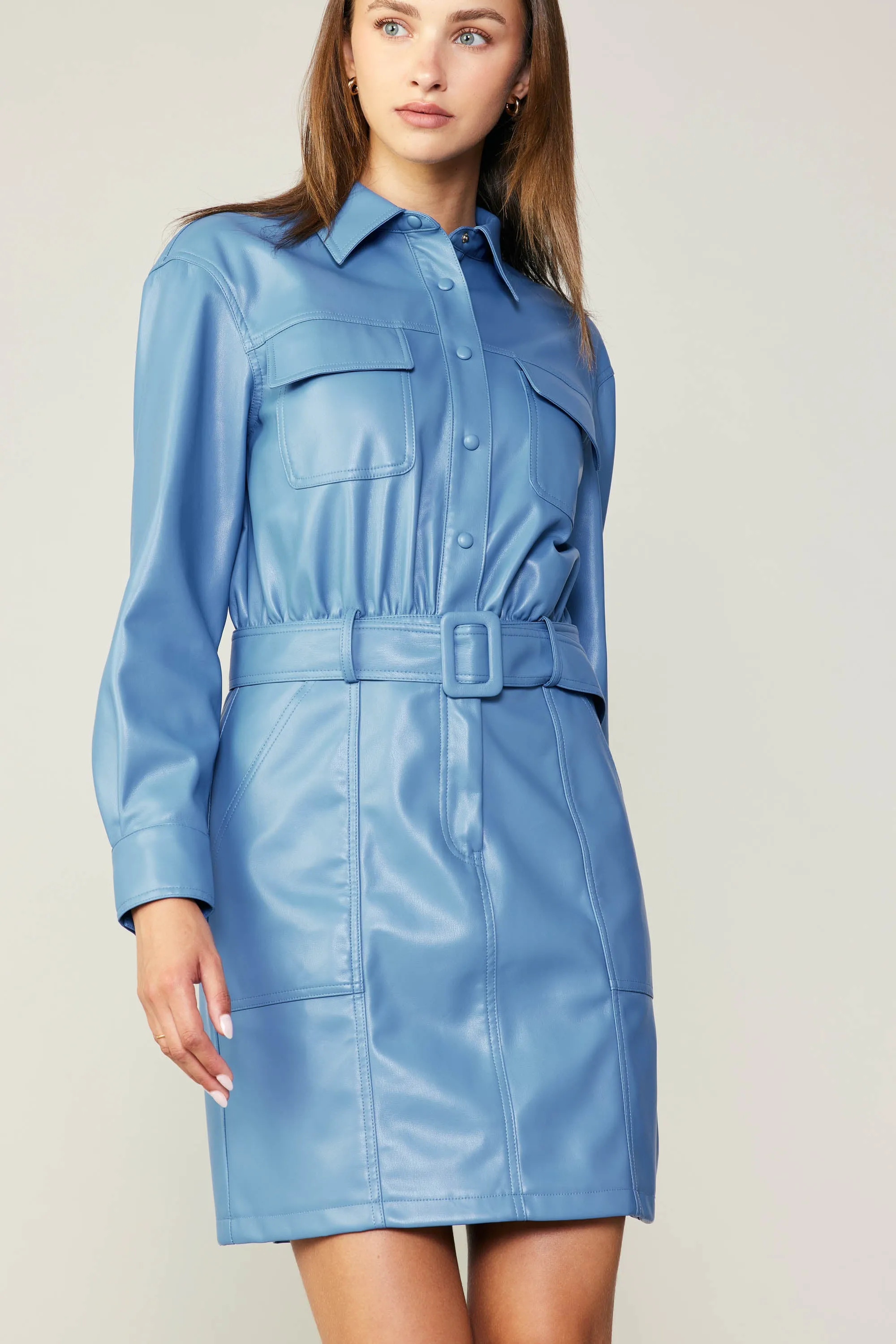 Vegan Leather Belted Shirt Dress