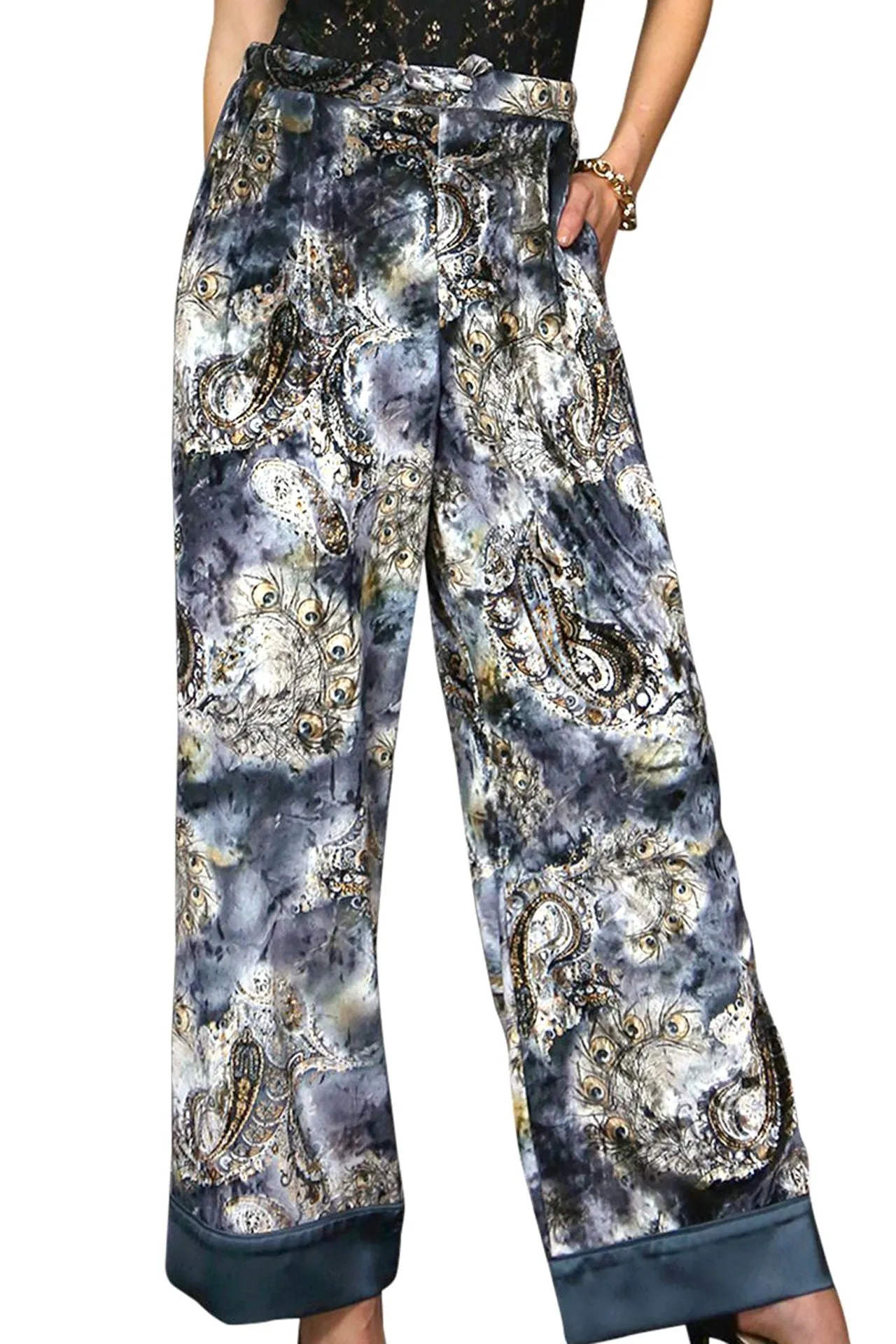 Velvet Leg Pants In Peacock Print